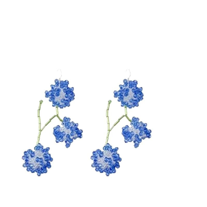 Wholesale Blue Beaded Flower Long Tassel Earrings