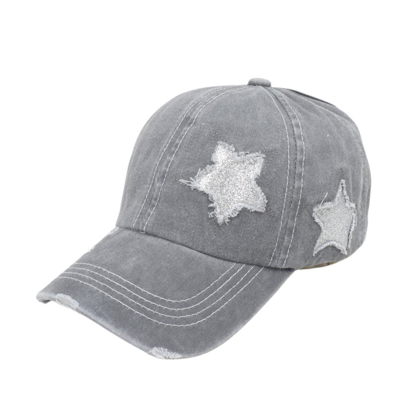 Wholesale  five-pointed star sequined ponytail ripped baseball cap