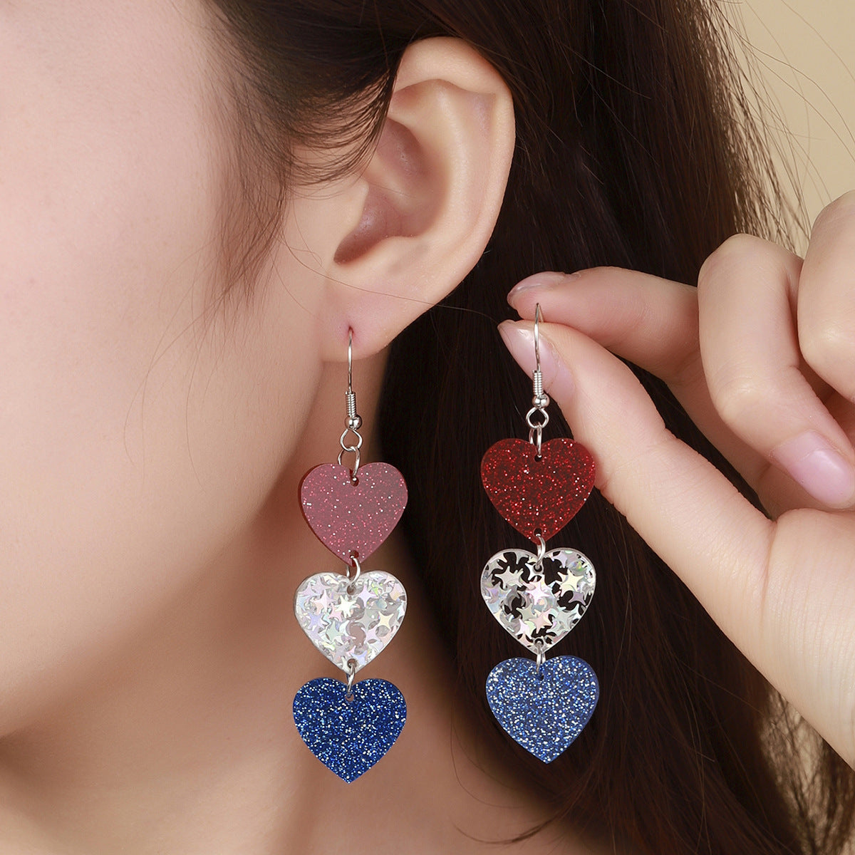 Wholesale Independence Day National Day Red, White and Blue Three-color Stars Love Glitter Acrylic  Earrings