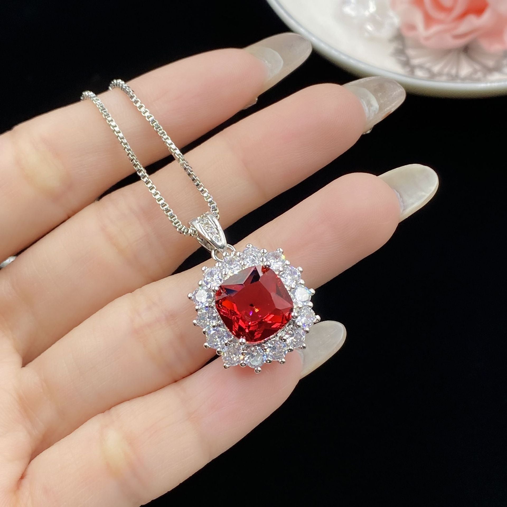 Wholesale Simulated Red Tourmaline Open Ring for Women,  Main Square Fashion Stud Earrings Jewelry Set
