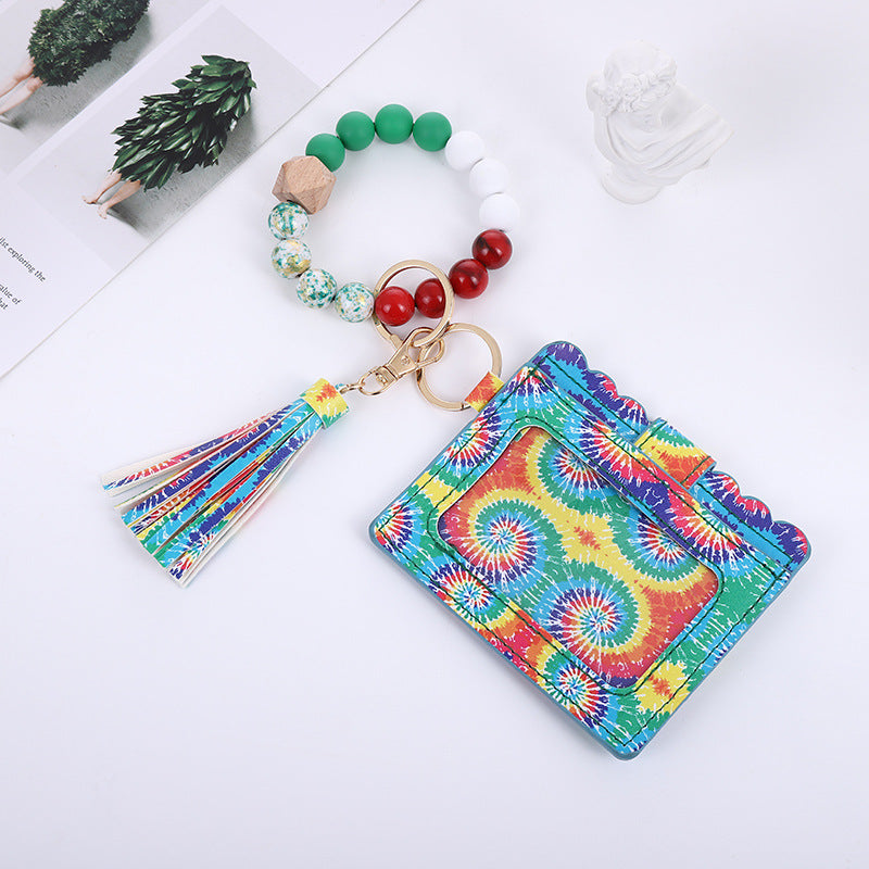Wholesale Leopard Plaid Western Style Card Holder Silicone Beaded Wristlet Keychain ACC-KC-QiuXue011