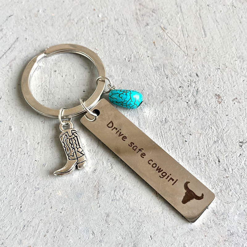 Wholesale Western Cowboy Boot Keychain With Turquoise Cross Cactus Horseshoe Metal Pendant Creative Textured Car Key Accessory