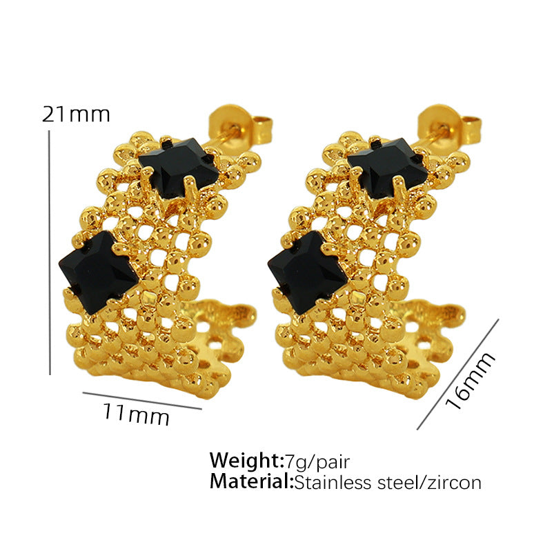 Wholesale  titanium steel stitching mesh C- shaped earrings 18K gold inlaid zircon earrings