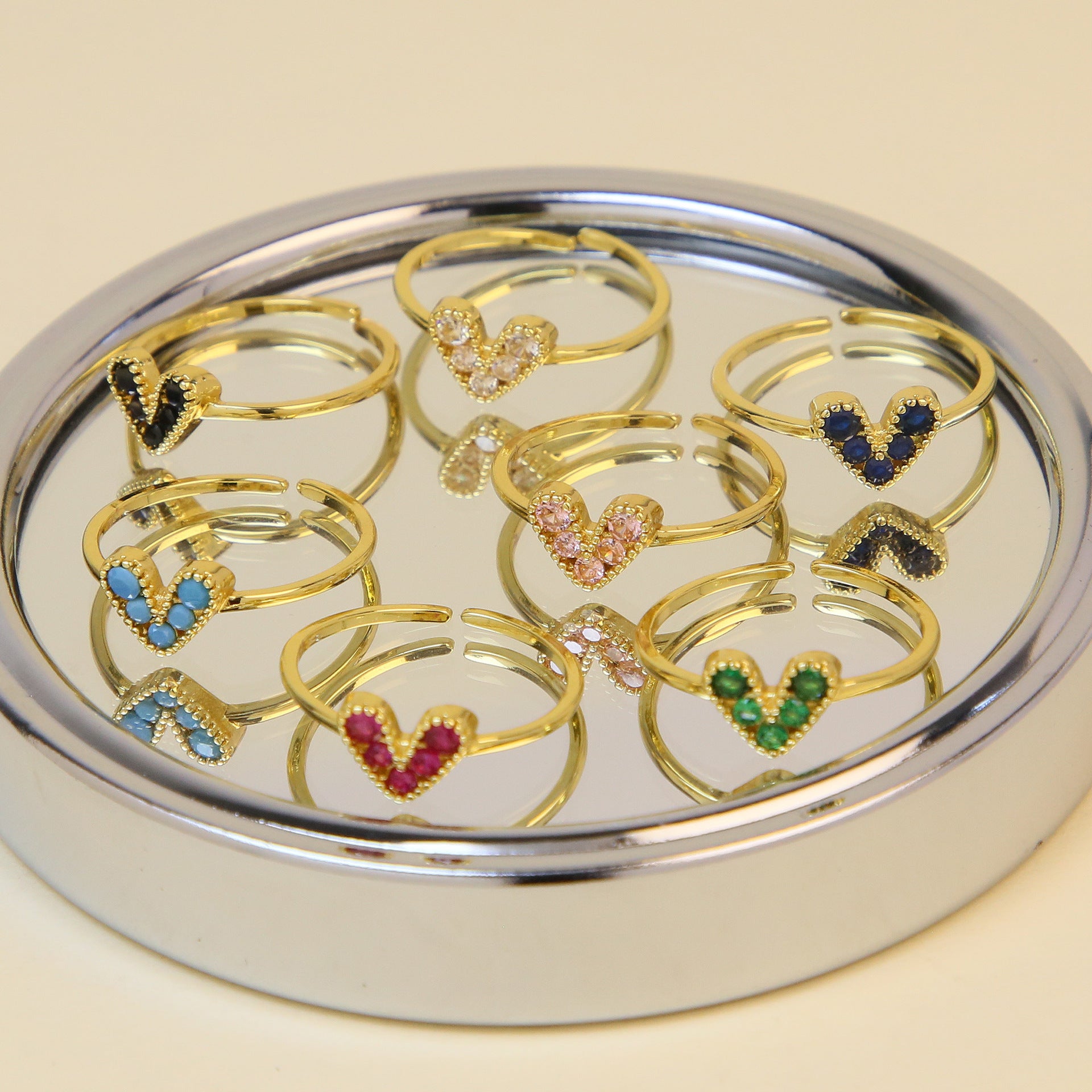 Wholesale  Popular Brass 18K Gold-Plated Real Gold Color Zirconium Heart-Shaped Open Women's Ring