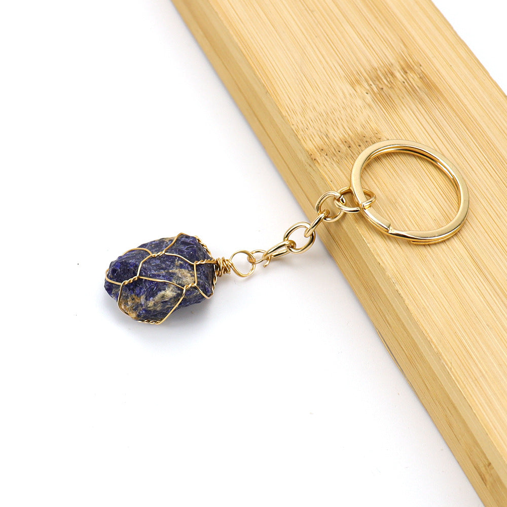 Wholesale Gold Wire Wound Natural Crystal Rough Stone Keychain ACC-KC-HanX006