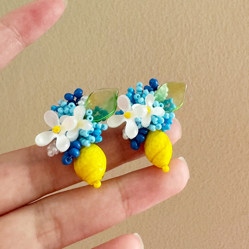 Wholesale Sea Salt Flower Woven Lemon Earrings - Handmade Acrylic Fashion Accessory for Gift or Everyday Wear