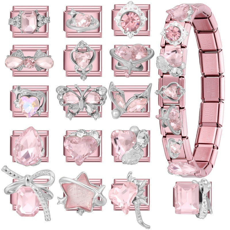 Wholesale Little Fresh Modular Bracelet with Pink Zircon Charms Stainless Steel Jewelry Accessory for Boutique Resale