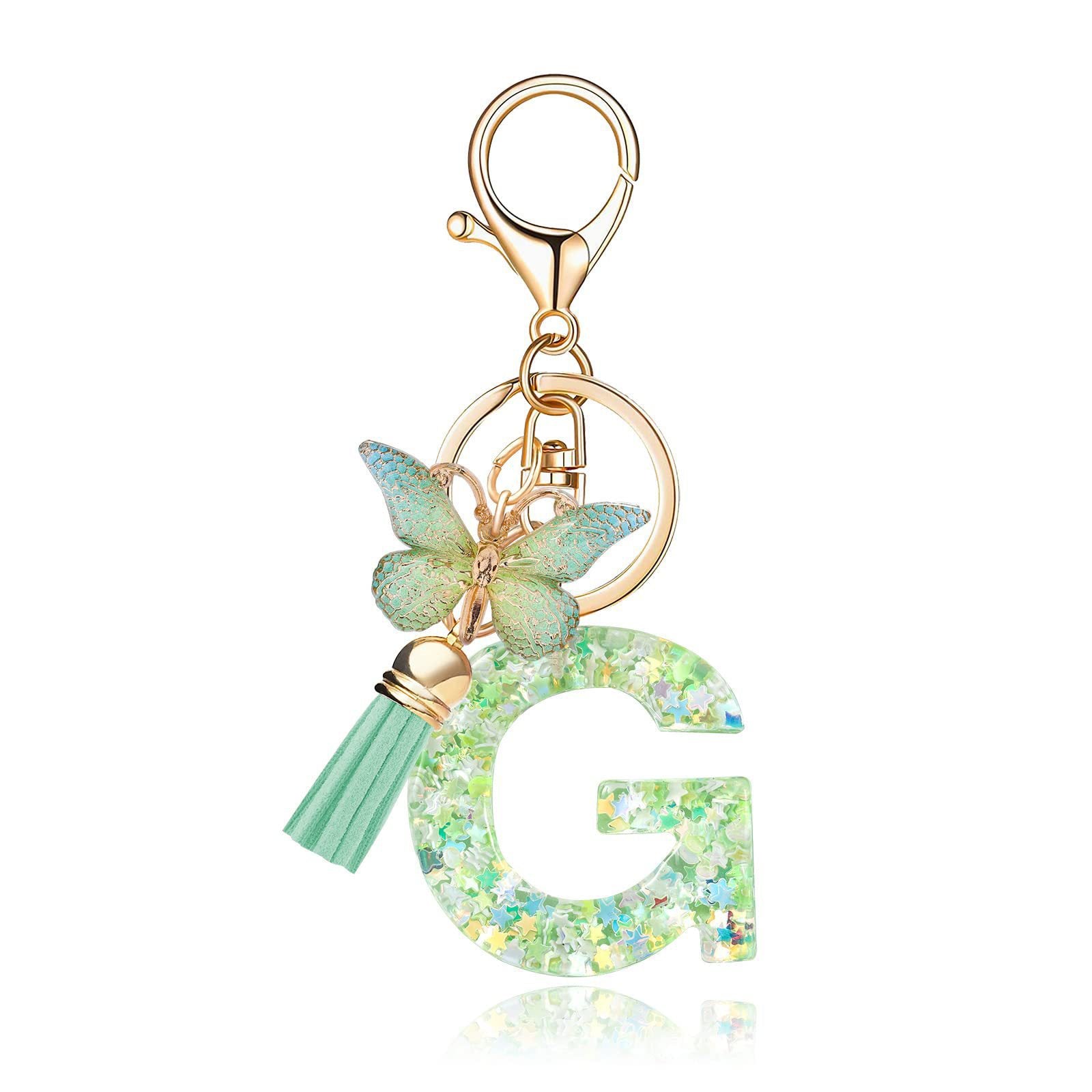 Wholesale 26 letter keychain green butterfly glue keychain