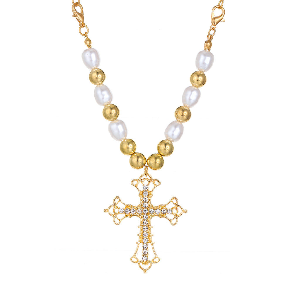 Wholesale Vintage Alloy Pearl Cross Pendant Multi-layered Sweater Necklace Long Necklace ACC-NE-MY005