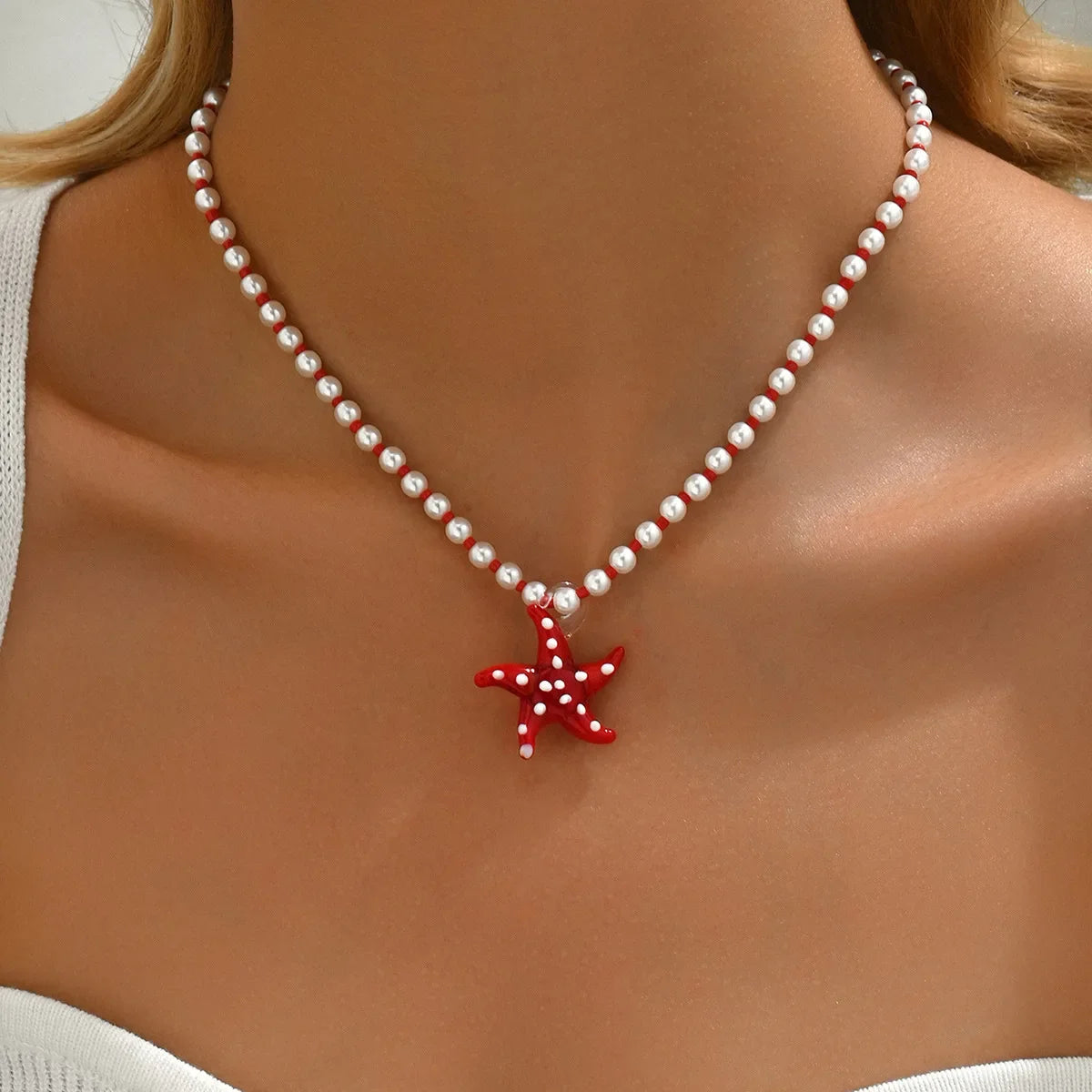 Wholesale  Popular Pearl Necklace Glazed Starfish Pendant Necklace