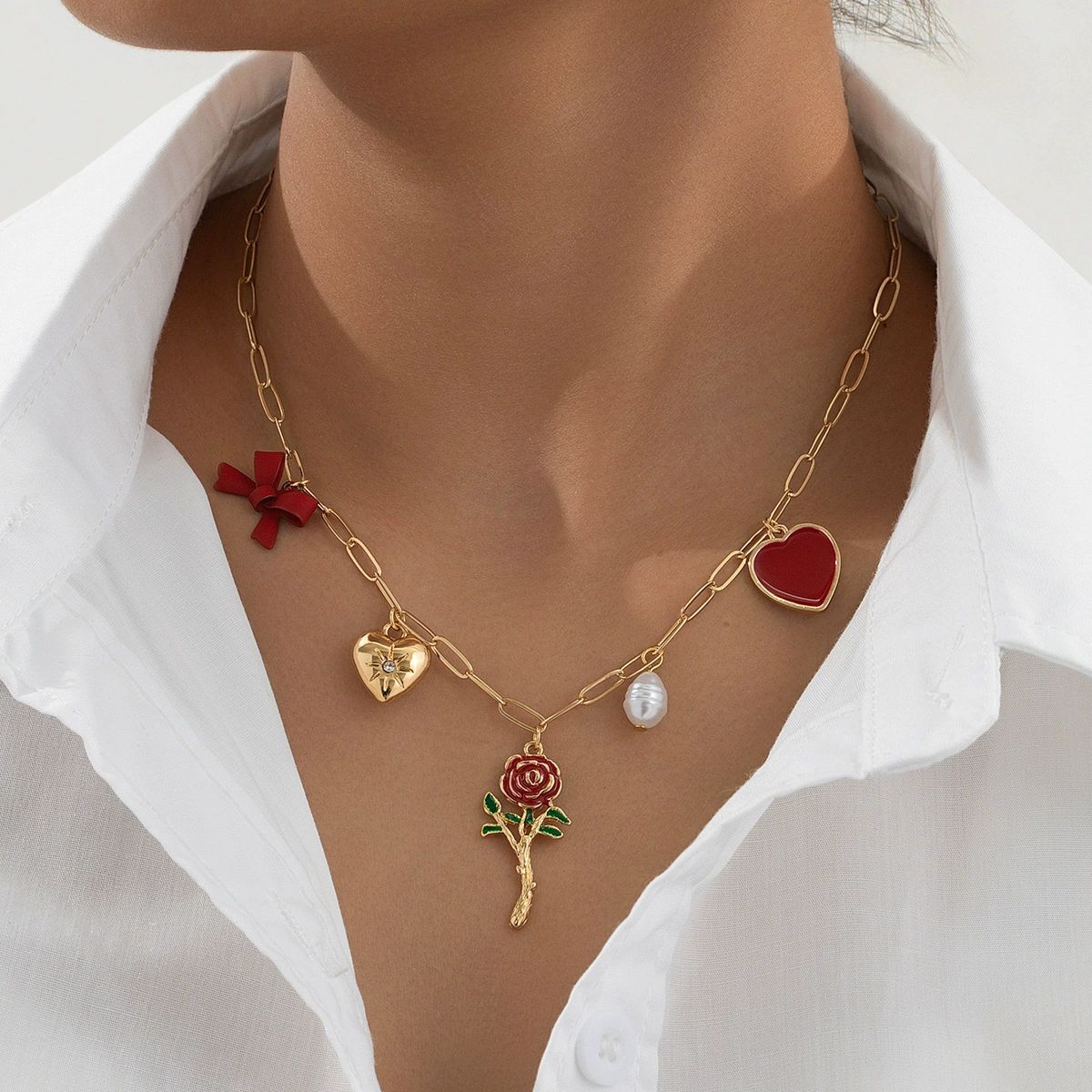 Wholesale Metal Red Heart Artificial Pearl Bow Women's Necklace