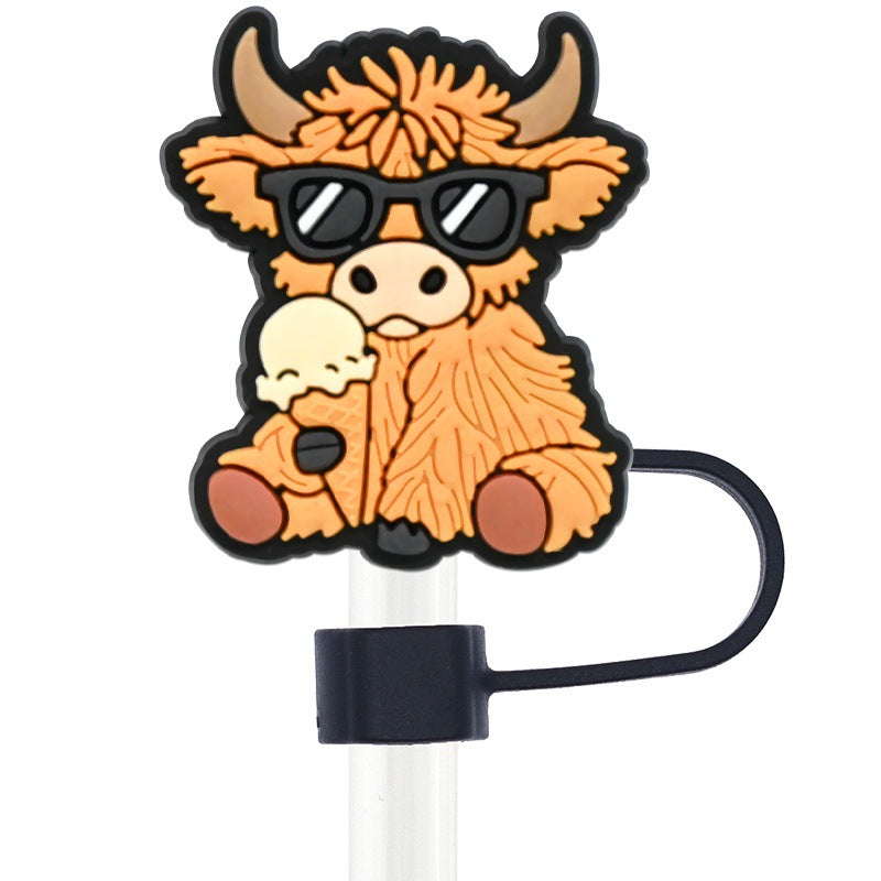 Wholesale Random 100pcs Cartoon Highland Cow  10mm PVC Soft Straw Tube Cap