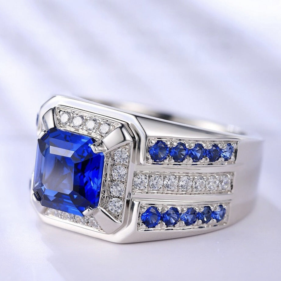 Wholesale Stylish Men' s Silver Tone Alloy Ring with Blue Square Zircon Pave,  Fashion Jewelry Accessory