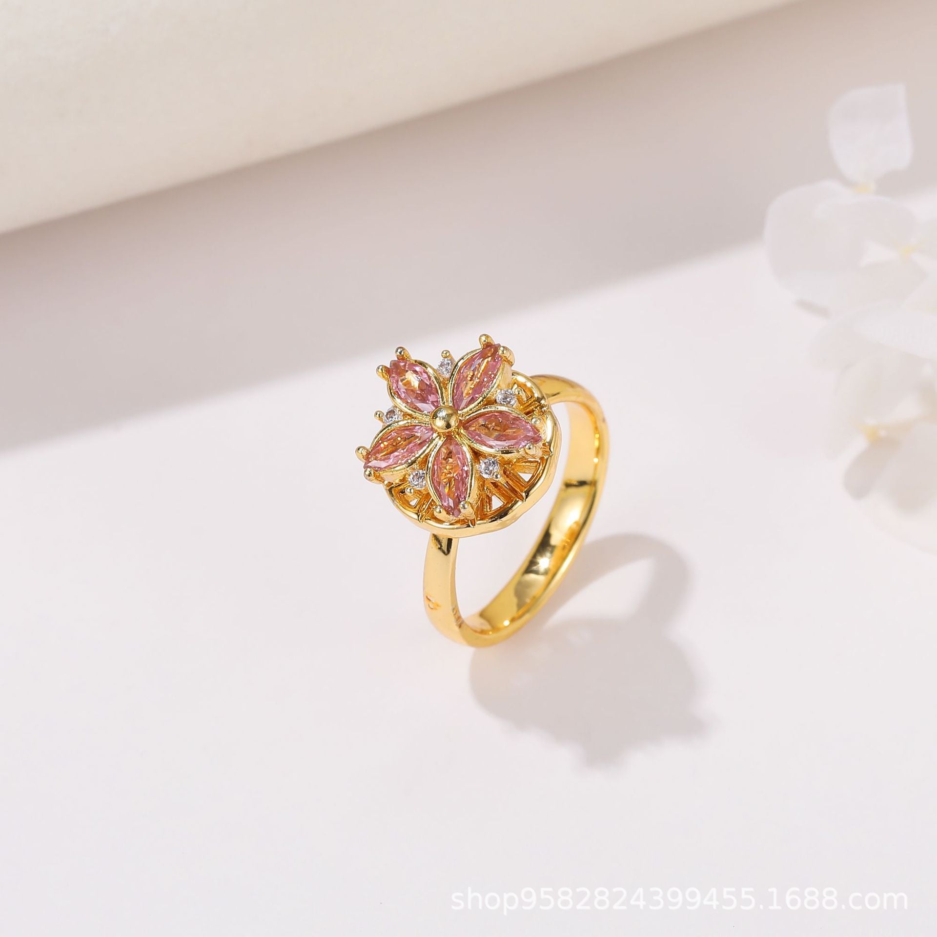 Wholesale 360° Rotating Double-Layer Flower Ring Gold Plated Zircon Fashion Accessory Boutique Gift