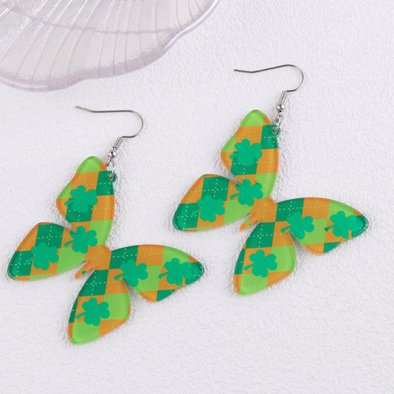Wholesale 2pcs Acrylic St.  Patrick' s Day Four-Leaf Clover Butterfly Earrings