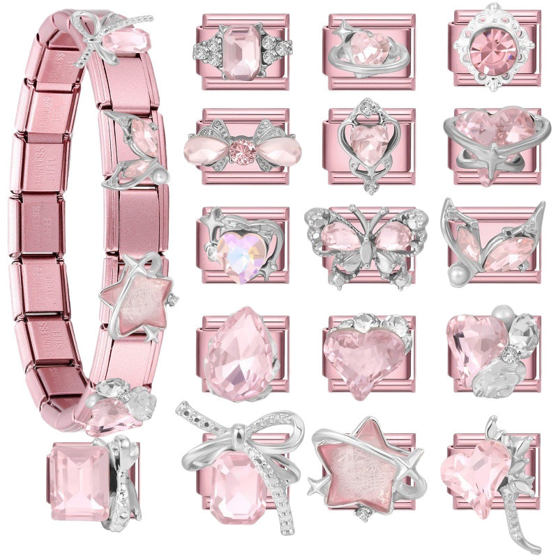 Wholesale Little Fresh Modular Bracelet with Pink Zircon Charms Stainless Steel Jewelry Accessory for Boutique Resale