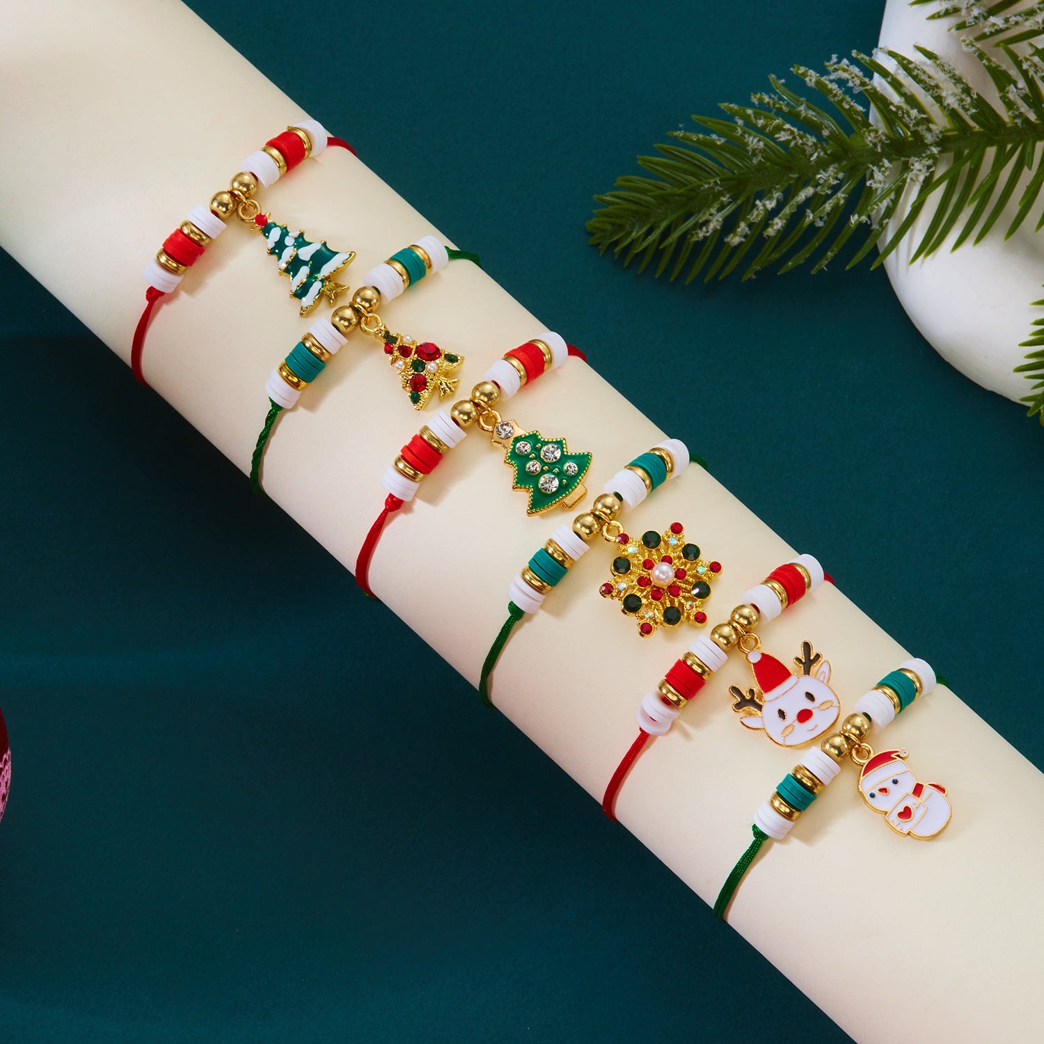 Wholesale Colorful Christmas Tree Snowflake Polymer Clay Braided Bracelet