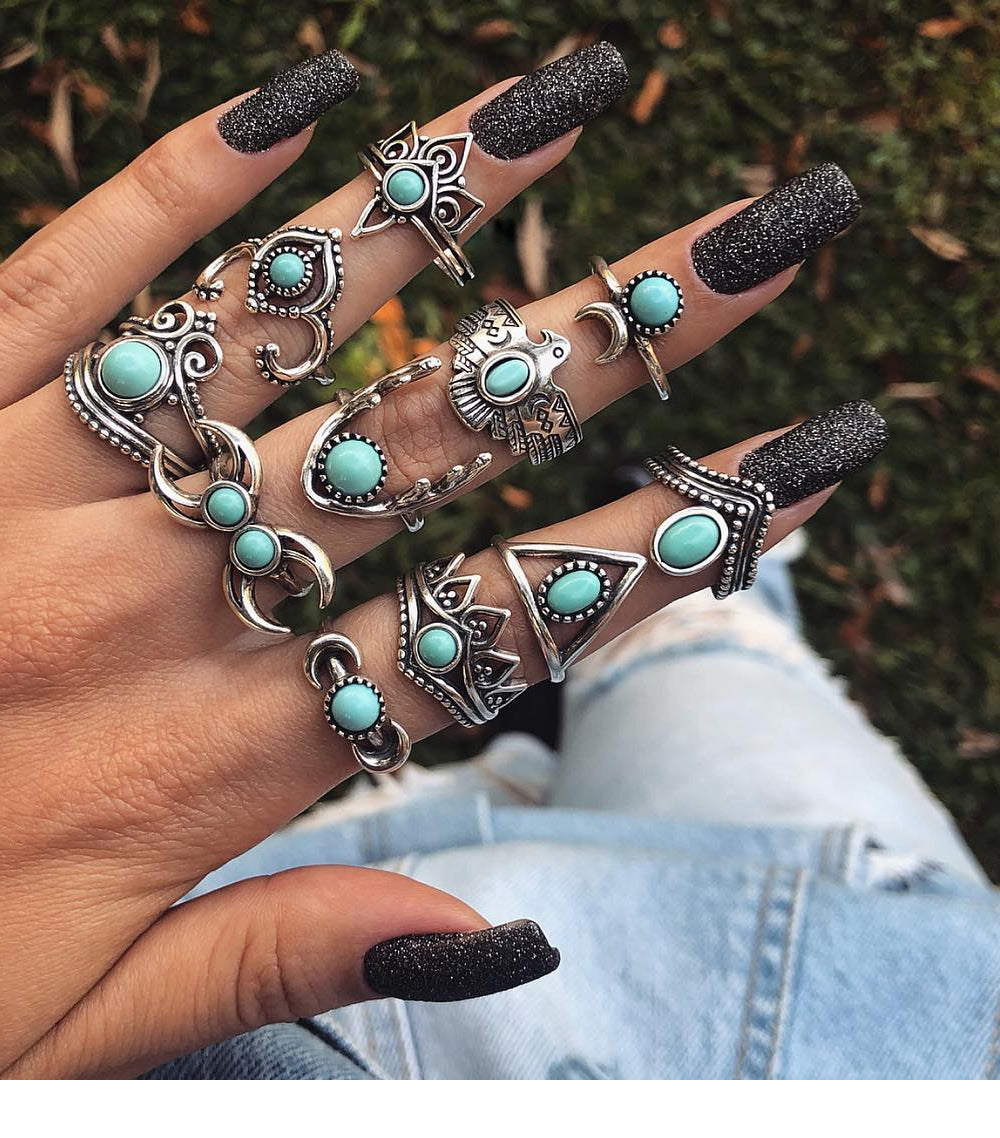 Wholesale Vintage Bohemian Feather Turquoise Hollow Ring Set 9 Pieces Fashion Jewelry Accessory for Everyday Wear Gift