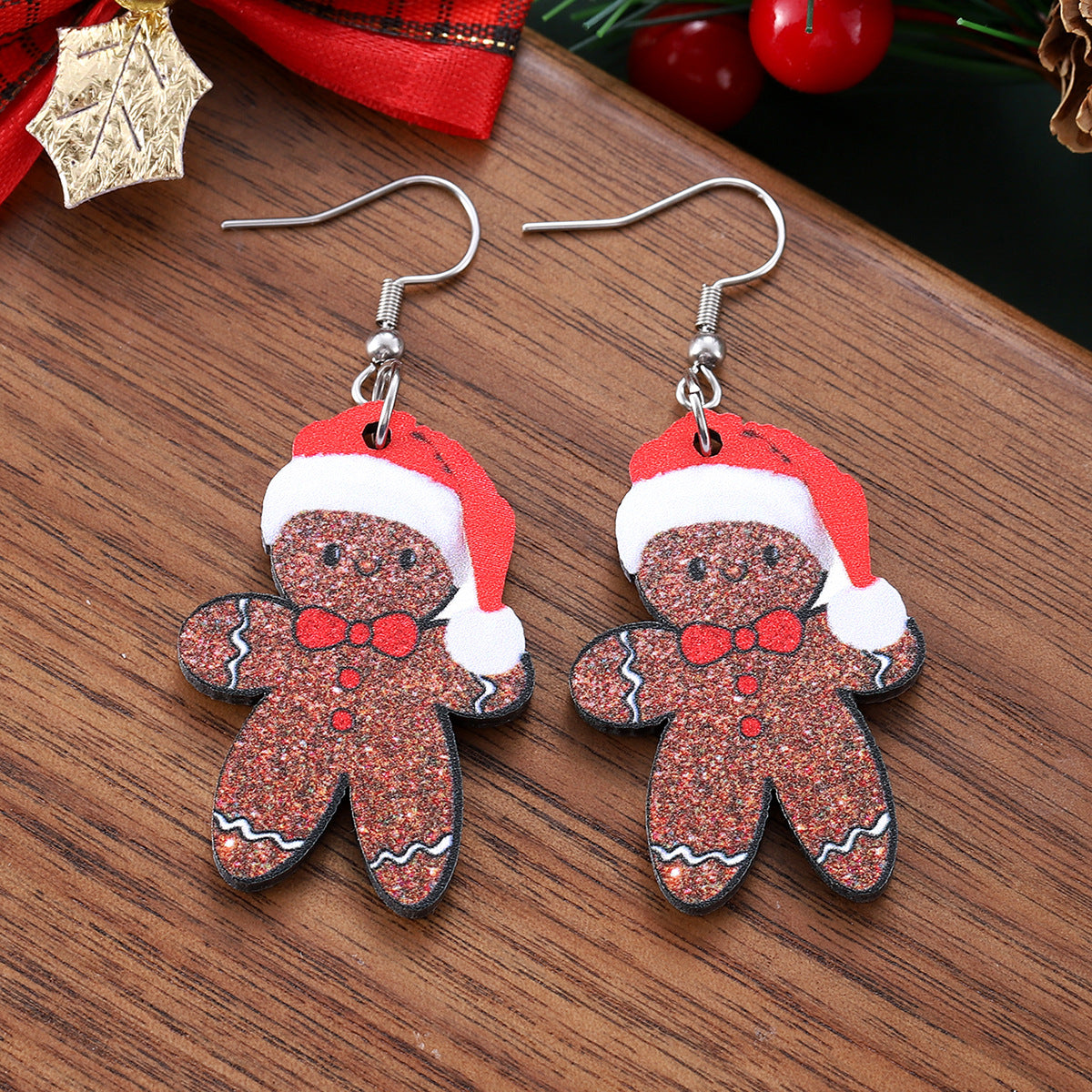 Wholesale Christmas cute Christmas hat gingerbread man pendant earrings wooden