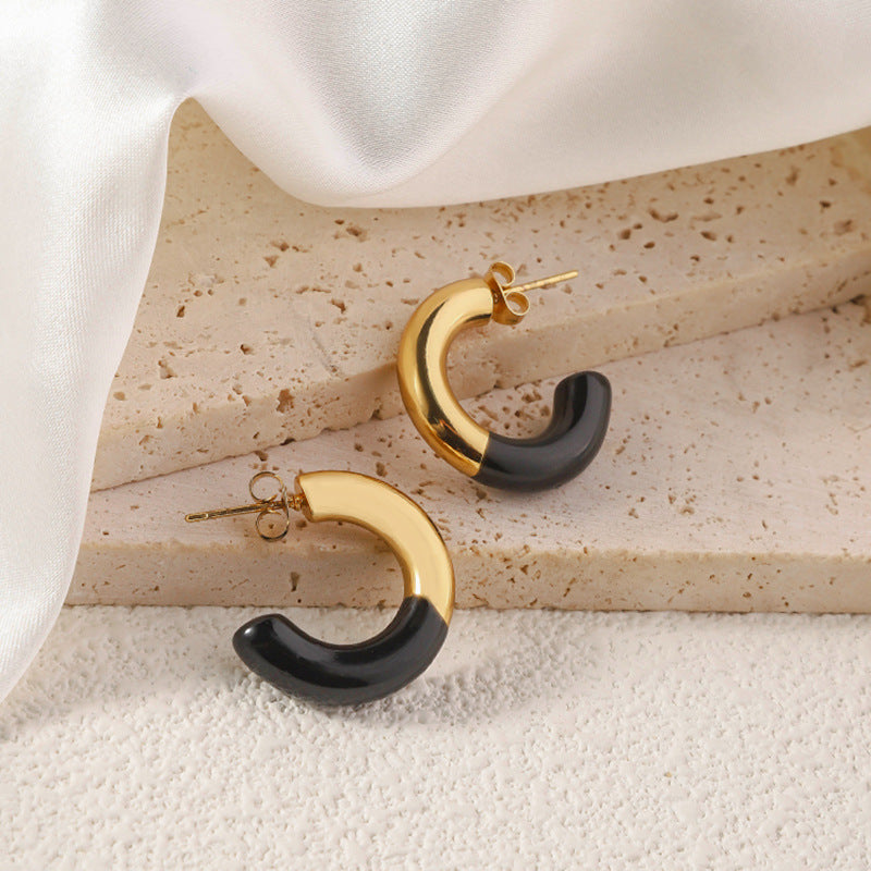 Wholesale Titanium steel earrings  drop oil color enamel  opening C- shaped buckle retro earrings