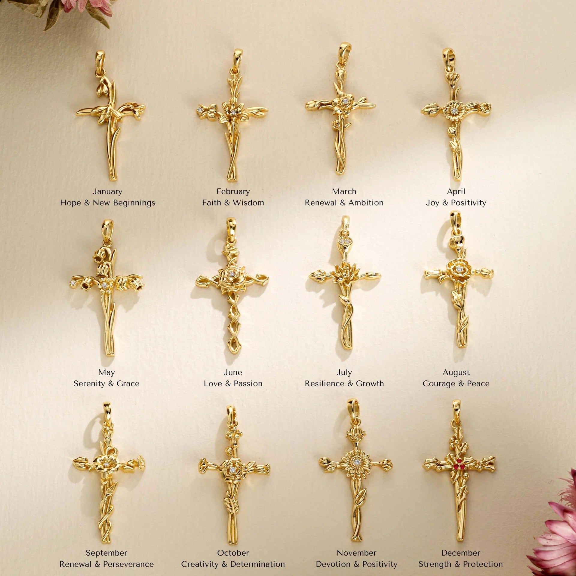 Wholesale  Brass Plated 18k December Flower Cross Pendant Necklace