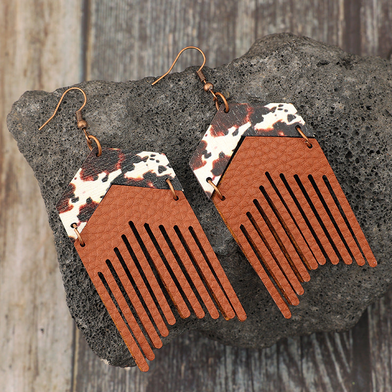 Wholesale Retro Western Style Tassel Pu Leather Stitching Wooden Cow Pattern  Earrings
