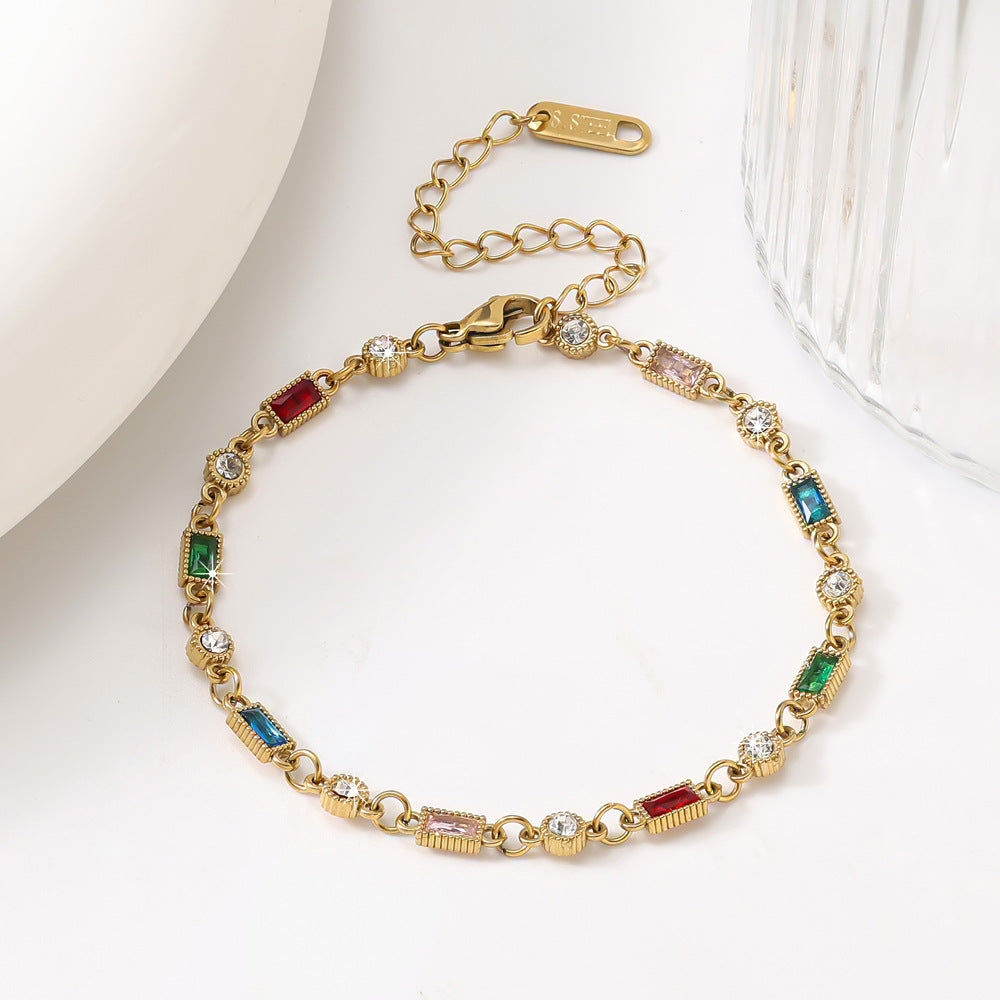 Wholesale Geometric Micro Set Colorful Gemstone Chain Bracelet Stainless Steel Gold Plated Women S Fashion Jewelry Accessory