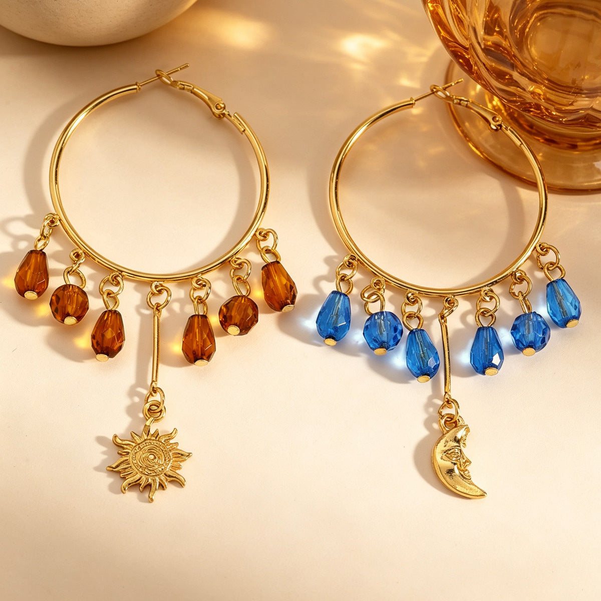 Wholesale Stylish Retro Sun Moon Crystal Tassel Drop Hoop Earrings Gold Tone Party Jewelry Gift