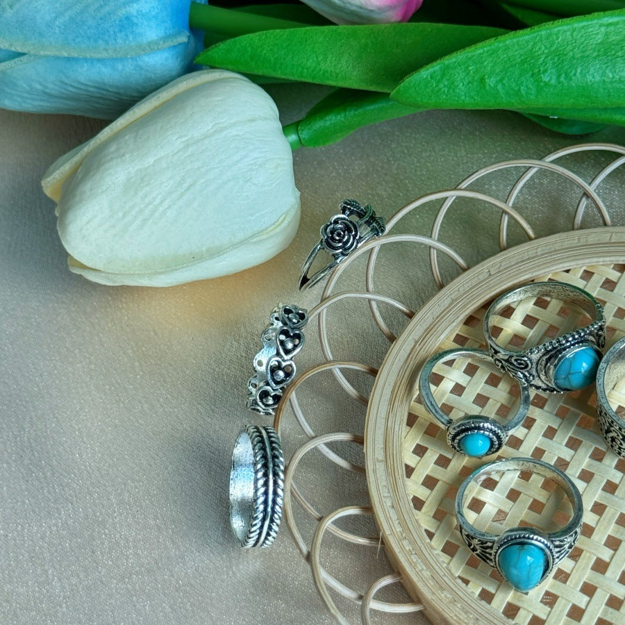 Wholesale Bohemian Turquoise Rose Totem 7-piece Ring