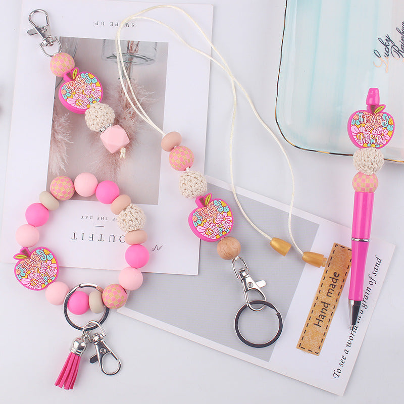 Wholesale Cartoon Apple Silicone Beads Accessories Pendant Creative DIY Silicone Four-Piece Combination Wrist Keychain Jewelry