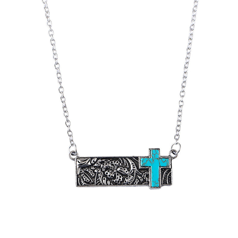 Wholesale retro square turquoise cross necklace bohemian style pendant clavicle chain necklace