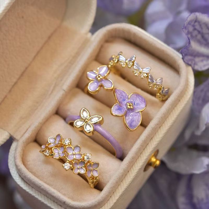 Wholesale Purple Butterfly Flower Open Ring Alloy Zircon Women S Jewelry Stylish Casual Party Gift Accessory