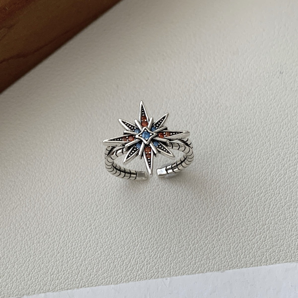 Wholesale Eight-Pointed Star Colored Diamond Ring Copper Electroplated Jewelry Accessory for Women