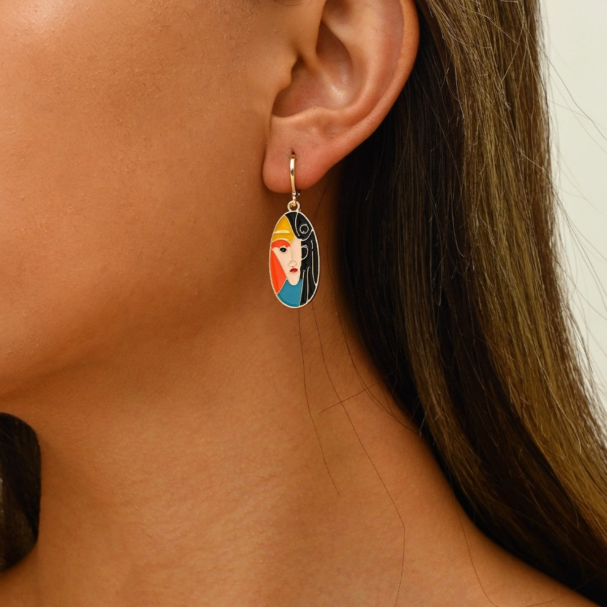Wholesale retro abstract face drop oil color  contrast color earrings