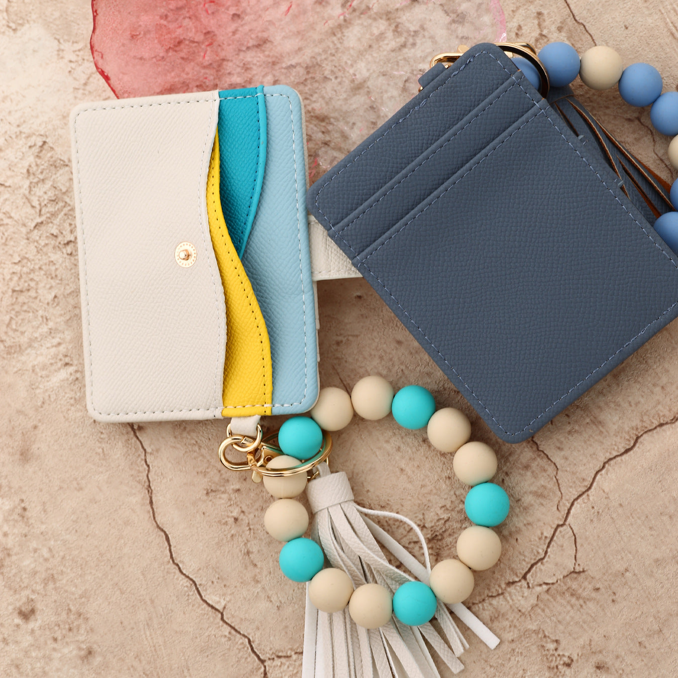 Wholesale Multi-layer Color-matching Card Bag Zipper Wristlet Keychain