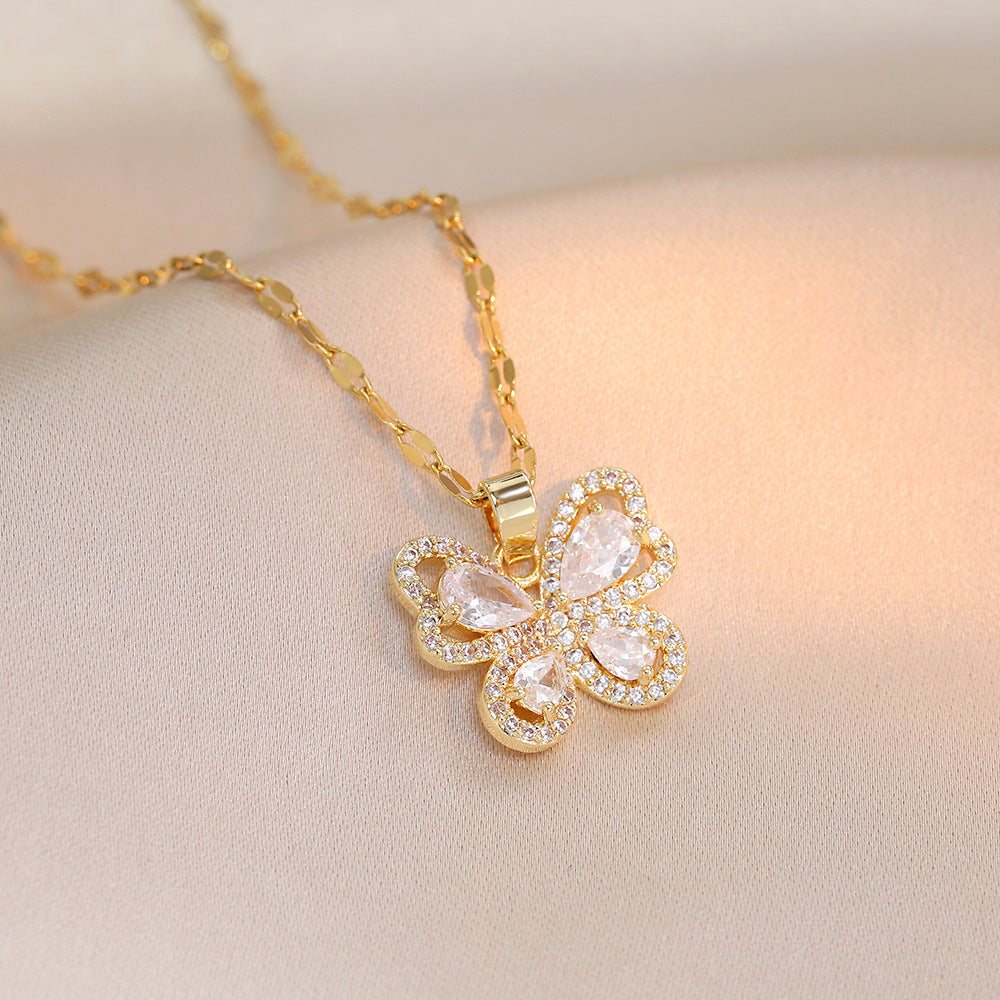 Wholesale Titanium Steel Rhinestone Butterfly Pendant Necklace for Women Chic Jewelry Accessory
