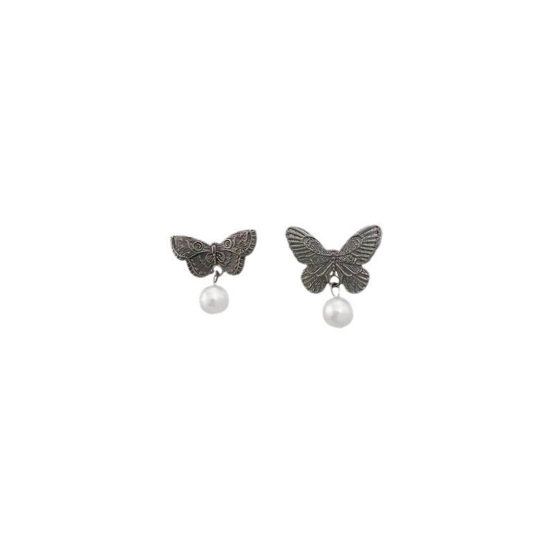 Wholesale Vintage Metallic Asymmetric Butterfly Pearl 925 Silver Needle Earrings ACC-ES-ZhiShifang005