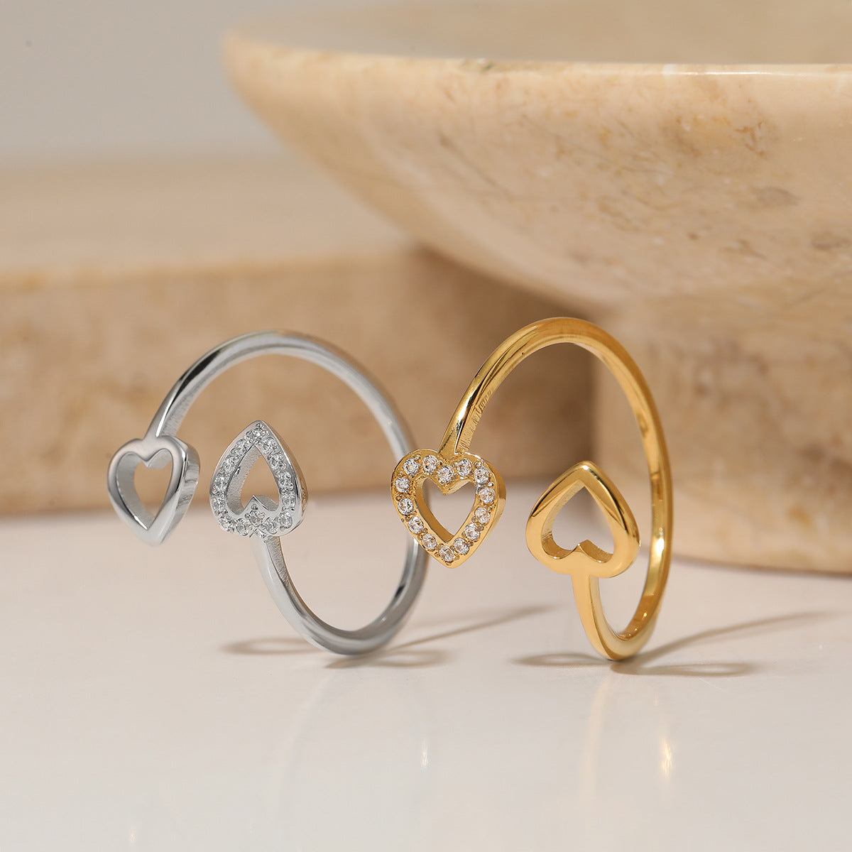 Wholesale Stainless steel Simple Creative Double Heart Shaped Open Ring