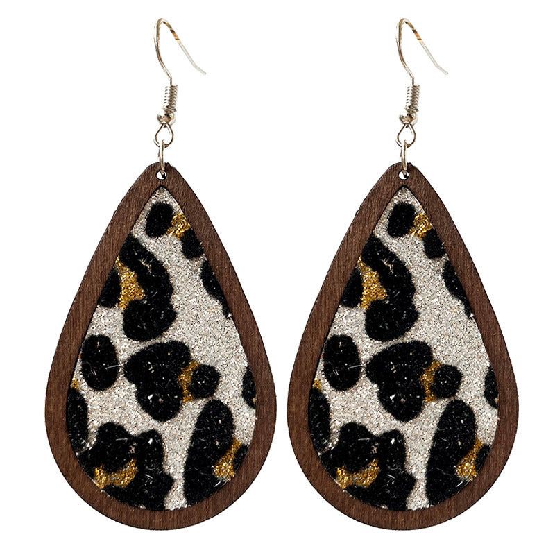 Wholesale 3 pairs/  pack Leather-look rainbow leopard print teardrop-shaped wooden earrings