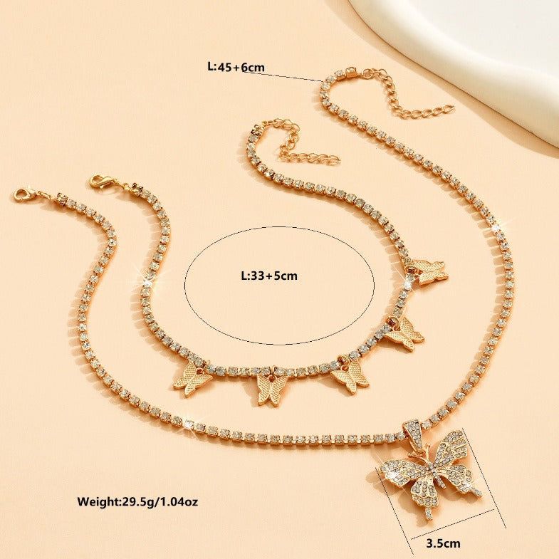 Wholesale Gold-Tone Rhinestone Butterfly Pendant Two-Layer Necklace for Women Trendy Fashion Accessory