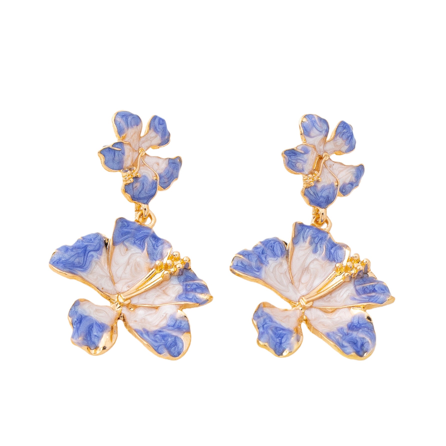 Wholesale Chic Double Layer Hibiscus Flower Earrings For Women Blue And White Gradient Zinc Alloy Vacation Style Boutique Resale Jewelry