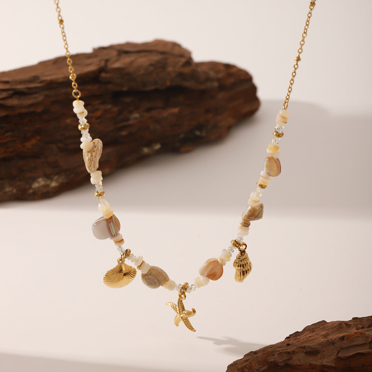 Wholesale Summer Beach Bohemian Design Starfish Shell Stitching Titanium Steel Necklace