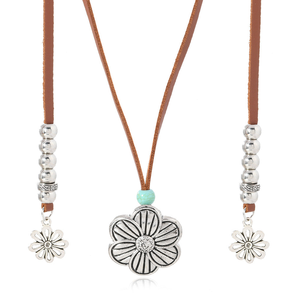 Wholesale PU leather vintage turquoise flower necklace
