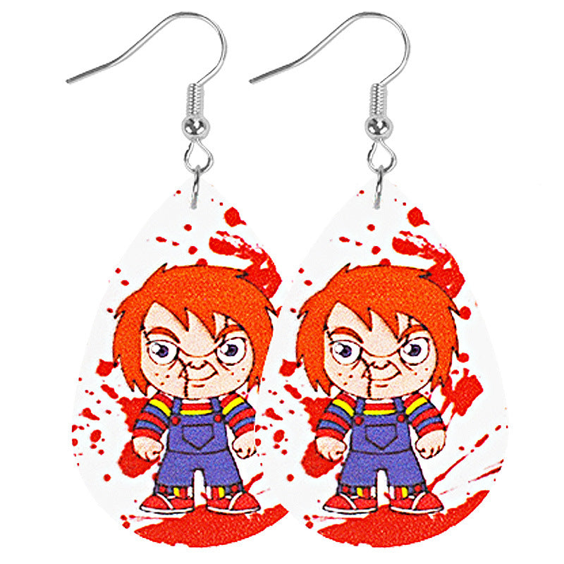 Wholesale Halloween Cute Cartoon Water Drop Shape Leather Earrings for Women Double Sided Printing ACC-ES-Mijun009