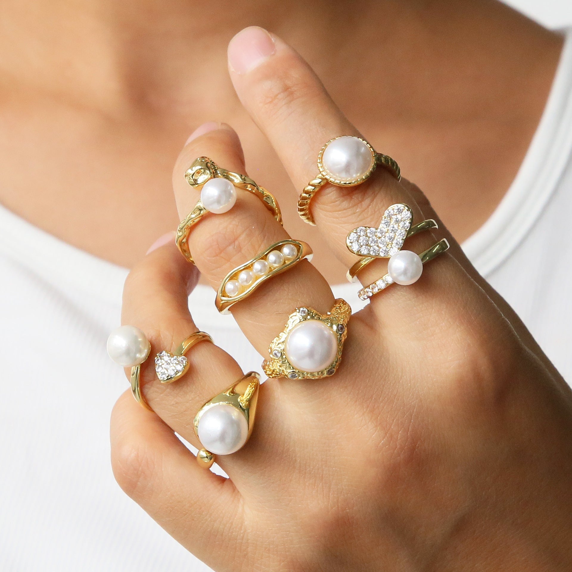 Wholesale European and American E-Commerce Hot-Selling Autumn New Round Pearl Love Geometric Fashion Women' s Open Light Luxury Ring