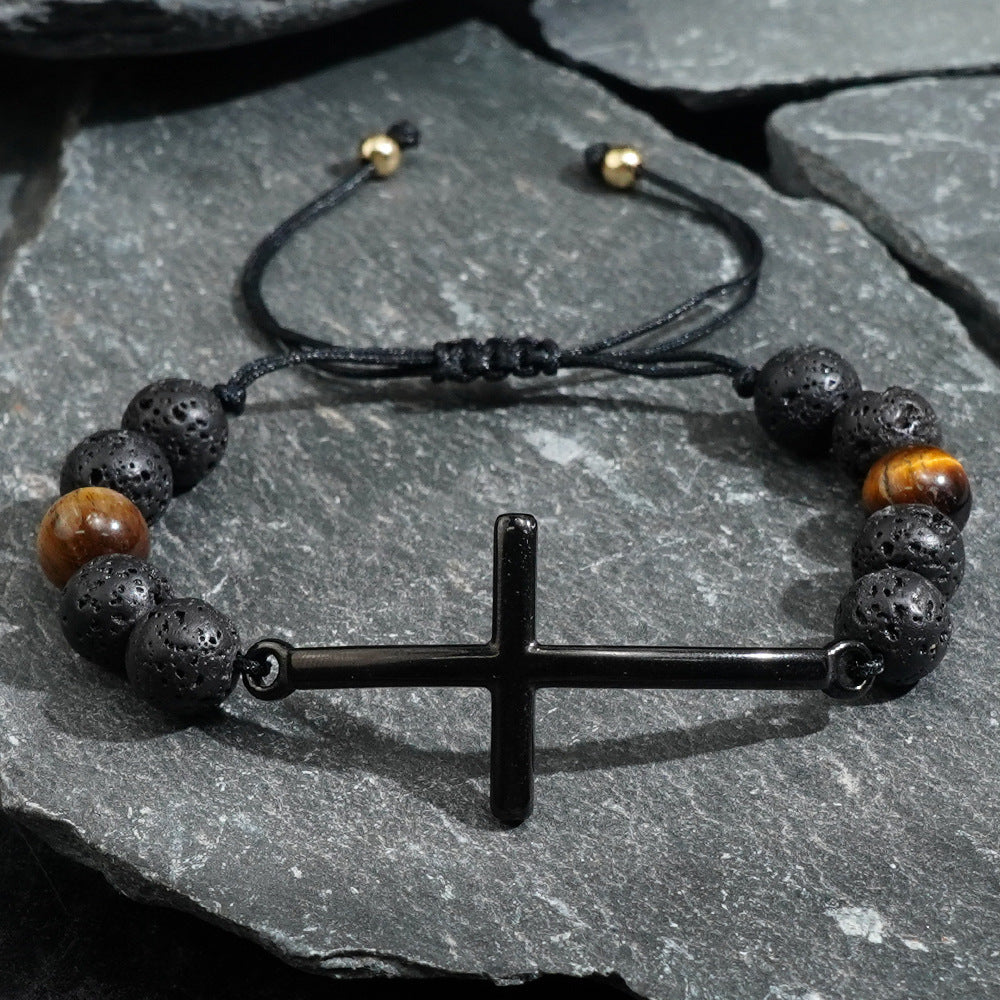 Wholesale  Copper Beads Gun Color Cross Semi-Precious Stone Men's Bracelet