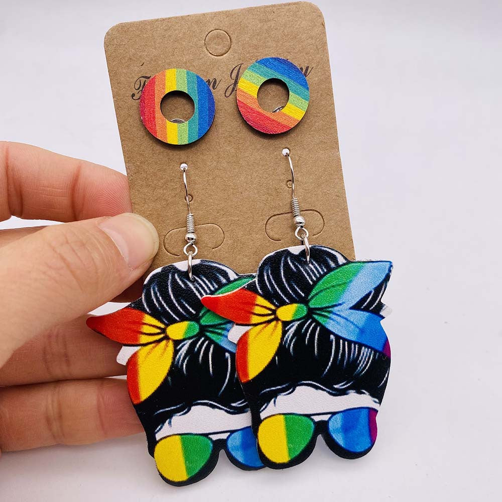 Wholesale wooden stud earrings suit heart-shaped rainbow printed leather earrings