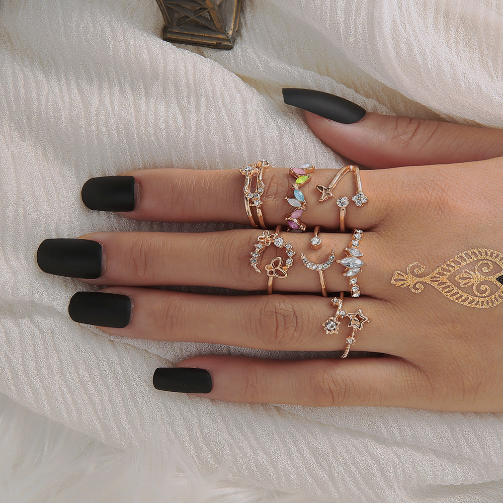 Wholesale butterfly flower diamond colorful  moon star five-pointed ring set