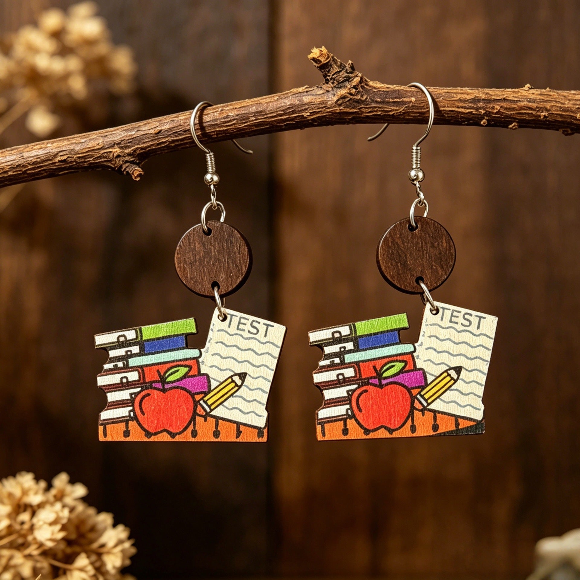 Wholesale Wooden Earrings Teacher Book Pencil Cartoon Print Back to School Fashion Accessory
