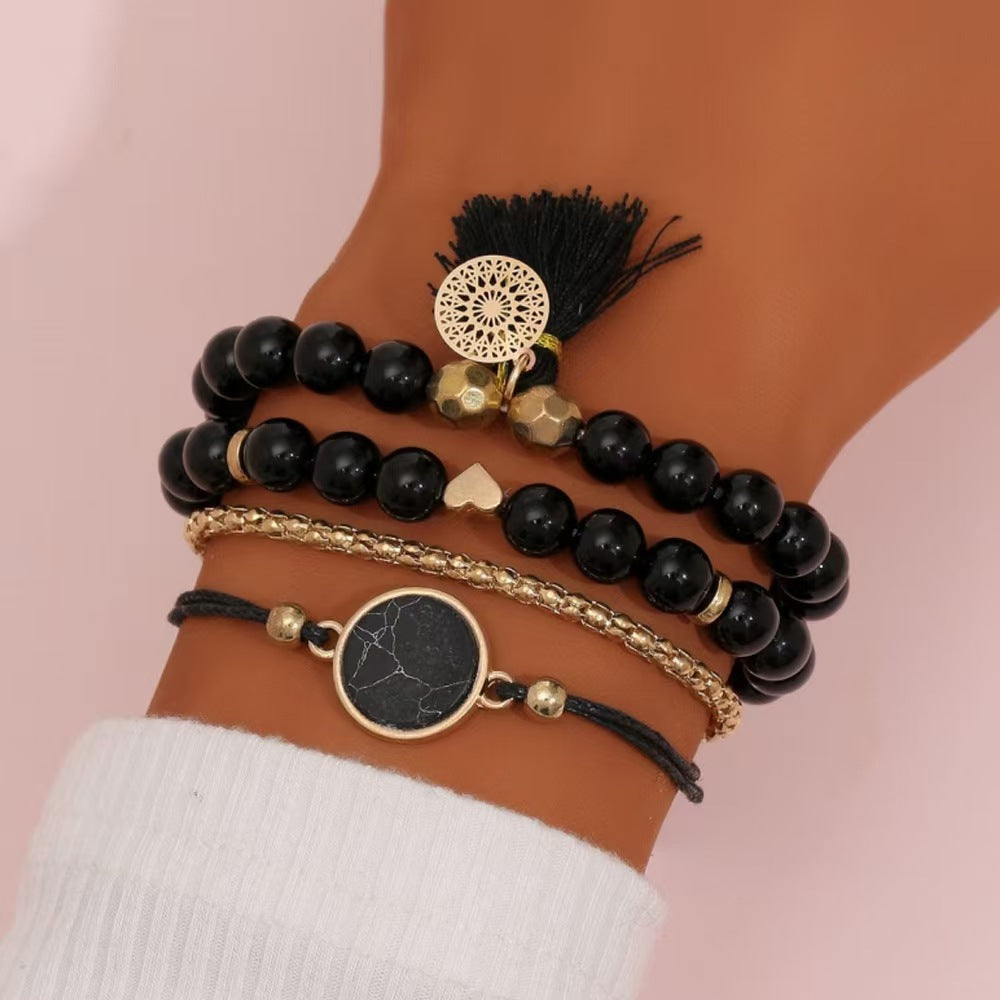 Wholesale Women' s Turquoise Beaded Bracelet Set 4 Pieces Creative Tassel Round Stone Bracelet Gift